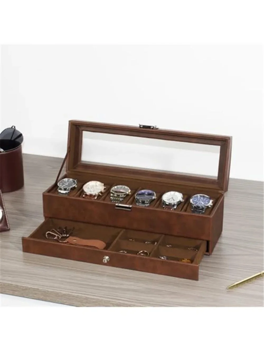 Watch Box, 6 Compartment Watch Display Box with Drawers, Men's Watch Box